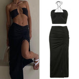 Kukombo Party Night Club Wear Women Set Summer Fashion Sexy Sleeveless Halter Crop Top Slim Long Drawstring Skirt With Slit