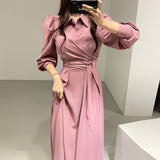 Kukombo Spring Summer 2022 New Women Dress Long Sleeve Turn Down Collar Shirt Lace Up Ladies Casual Dresses Vestidos