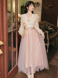 Kukombo 2 Piece Set Women Outfits Sweet Elegant Skirt Suit Flare Sleeve Cute Doll Collar Lace Shirt Top And Fairy High Waist Mesh Skirt K151