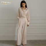 Kukombo Casual Loose Satin Pants Set Women Fashion Long Sleeve Blouses Shirt Two Piece Set Elegant High Waist Trousers Suit