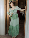 Kukombo Mori Girl Green Gentle Fairy Summer Chiffon Dresses Puff Sleeve Square Neck Elegant French Retro Floral Dress Vestidos De Fiesta