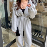 Christmas Gift Women Autumn Winter Fleece Hoodies Jumpsuit Long Sleeve Elegant Thick Sweatshirt Femme Elastic Waist Fashion Outerwear Tracksuit