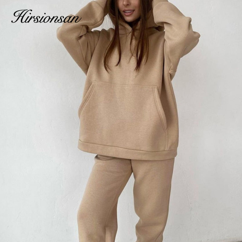 Christmas Gift Hirsionsan Soft Cotton Fleece Women Sets Autumn Winter Thicken Warm Hoodie Sweatshirts and Pants Two Piece Sets Ladies Tracksuit