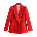 Christmas Gift Elegant Red Double Breasted Tweed Jacket Women 2021 Fashion Pockets Turn-down Collar Coats Female Chic Outerwear