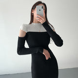Kukombo Back to school outfit Women Dresses 2022 Winter Autumn Korean Chic French Elegant Shoulder-Hollowed Contrasted-Color Female Knitted Vestidos