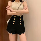 Kukombo  Summer Classic White Shorts Women Double-breasted Casual High Waist A-Line Wide Leg Black Shorts Female Autumn KZ368