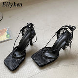 Christmas Gift Eilyken Summer Autumn Sexy Mesh Pumps sandals Female Square Toe high heel Lace Up Cross-tied Stiletto hollow Dress Pumps shoes