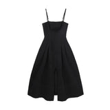 Kukombo Summer Elegant Women Spaghetti Strap Robe Slim Female Split Vintage Black Party Dress Sleeveless A-Line Vestidos