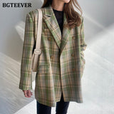 Christmas Gift BGTEEVER Vintage Loose Women Jacket Plaid Blazer Autumn Chic Double Breasted Female Long Suit Jackets Stylish Ladies Blazer