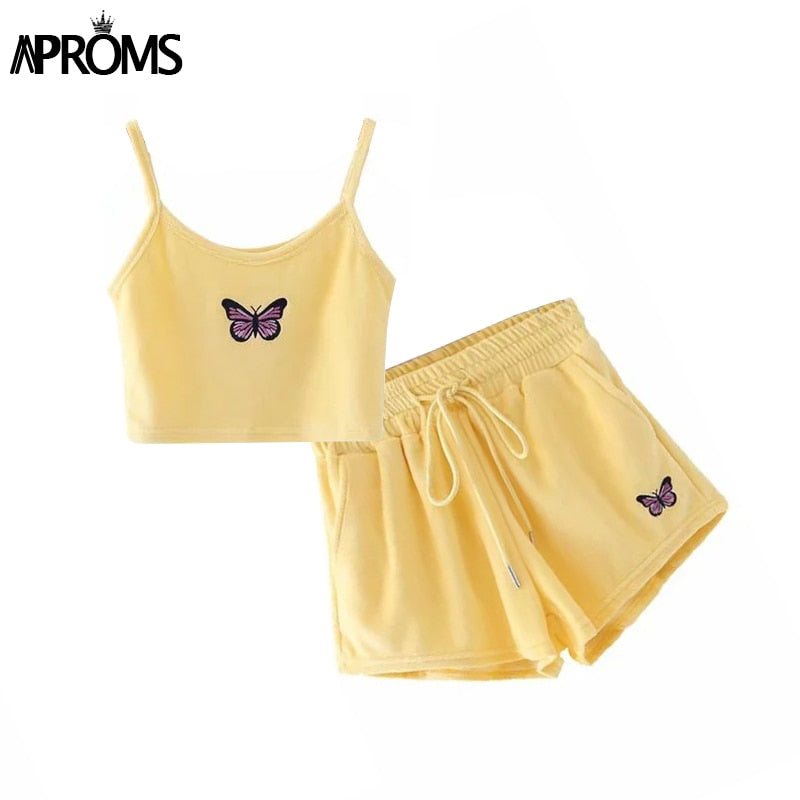 Christmas Gift Aproms Yellow Velvet Crop Top and Shorts Women 2 Pieces Set Summer Embroidery Cami Drawstring Shorts Female Loungewear Suit 2021
