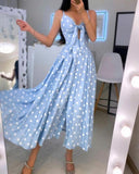 Kukombo Spaghetti Strap Polkadot Print Knotted Design Maxi Dress Women Summer Dress
