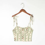 Kukombo 2022 French Summer Striped Flower Print Bandage Spaghetti Strap  Retro Sexy Women Lacing Up Sling Top  Vestido