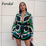 Kukombo 2022 Oversized Green Print Boho Women Shorts Sets Shirts Shorts Pants Three Pieces Fashion Suits Matching Sets 2022 Autumn