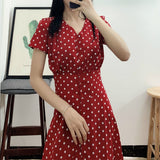 Kukombo Short Sleeve Dress Women V-Neck Polka-Dot Chiffon Elegant Chic Single-Breasted Chic Slender Sexy High-Waist Korean Retro Grils
