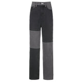 Kukombo Grey Patchwork Straight Mom Jeans Woman High Waist Pockets Boyfriend Classic Streetwear Black Pants Loose Denim
