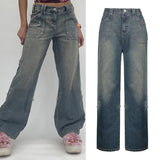 Kukombo Vintage Khaki Wide Leg Cargo Jeans High Waist Big Pockets Baggy Denim Trousers Casual Oversized Pants Street Sweatpants