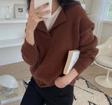 Christmas Gift BGTEEVER Casual Chic Loose Turn-down Collar Women Knitted Jumpers 2023 Autumn New Full Sleeve Female Solid Pullover Sweaters