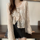 Kukombo Shirt Women Lace Summer Sun-Proof Simple Sexy Female Clothing Sheer Tops Preppy V-Neck Casual Trendy Harajuku Basic Korean New