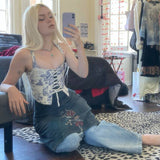Kukombo Summer Square Collar Women's Tank Crop Tops Printing Drawstring Bandage Hollow  Out Vest Sexy Skinny Elegant Camis
