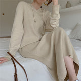 Kukombo New 2022 Autumn Winter Women Dresses V-Neck Hooded Korean Knitting Oversize Elegant Vintage Lady Long Dresses DR6022