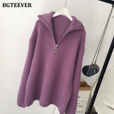 Christmas Gift BGTEEVER Autumn Winter Zipper Turtleneck Sweaters Women Casual Thick Long Pullover Jumpers Female Loose Knitting Tops 2021