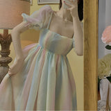 Kukombo  French Fairy Midi  Rainbow Dress Women Sweet Puff Sleeve Backless Designer Kawaii Dress Korean Style Slim Sexy Summer Dress 2022