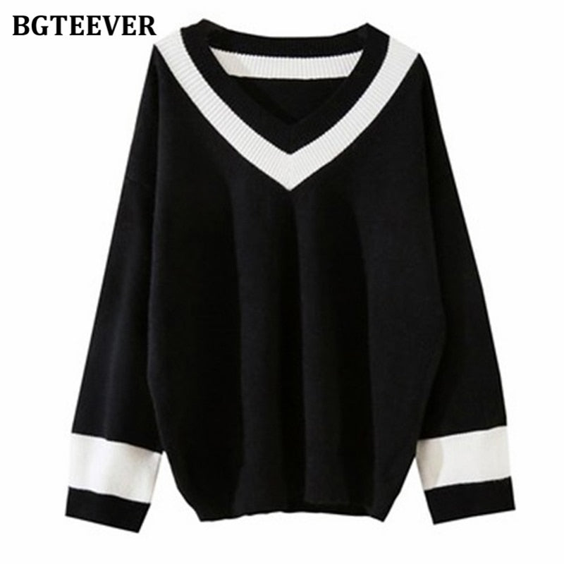 Christmas Gift BGTEEVER Chic Patchwork V-neck Women Sweater Tops 2021 Autumn Winter Long Sleeve Casual Knitted Pullovers Jumpers Femme