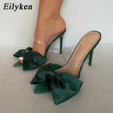 Christmas Gift Eilyken Silk Butterfly-knot Women slippers Mule high heels Slippers Sandals flip flops Pointed toe Strappy Slides Party shoes