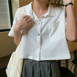Kukombo Shirts Women Summer Short-Sleeve Turn-Down-Collar Solid Short Womens Tops Blouses Korean Style Loose All-Match Slim Trendy Retro