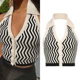 Kukombo Streetwear Fashion Striped Halter Knitted Vest For Women Sexy Backless Slim Outfits Female Tank Tops Autumn Ladies