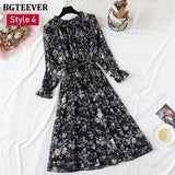 Christmas Gift BGTEEVER Spring Stand Collar Floral Print Women Dress Lace Up Female Pleated Dress Summer Party Midi Chiffon Vestidos femme 2021