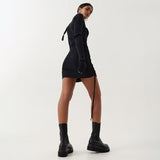 Kukombo Ribbed Stripe Women Mini Dress Drawstring Ruched Lace Up Long Sleeve Bodycon Bandage Sexy Party Elegant Autumn spring
