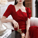 Graduation Gift Big Sale French Vintage Summer Women's Dress 2023 One Piece Dress Korean Short Sleeve Elegant Solid Dress Females Evening Party Design K51