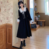 Christmas Gift Vintage Dress Women Sweet Lace Peter Pan Collar French Elegant Long Sleeve Lace-Up Fairy One Piece Dress Korean 2021 Autumn