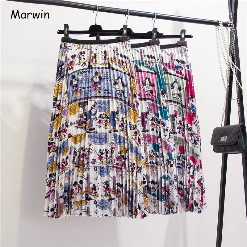 Christmas Gift Marwin New-Coming Summer Catroon Printing Women Skirts Mid-Calf Pleated Skirt European High Street Style Empire Summer Skirts