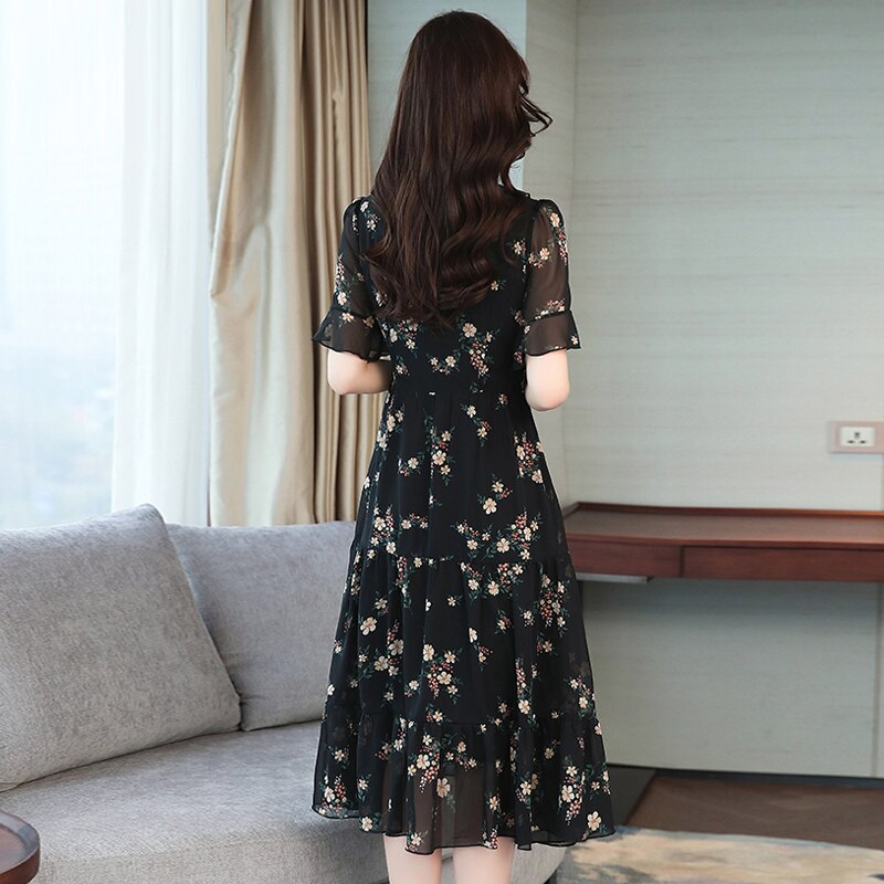 Kukombo 2022 Summer Chiffon Dress Women Vintage Floral Midi Korean Dress Female Elegant Black Dress Dresses Femmes M-