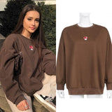 Kukombo Harajuku Oversized Hoodies Women Brown Letter Embroidery Cotton Long Sleeve Pullover Girls Casual Aesthetic Sweatshirts