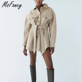 Christmas Gift 2021 WInter New Woollen Wrap Coat Women High Waist Tunic Bandage Jacket Pockets Casual Warm Shirt Coat