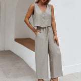 Kukombo  Elegant Cotton Linen Two Piece Sets  V-Neck Sleeveless Vest Tops And Wide Leg Pants Suits Women Casual Loose Office Lady Outfits