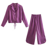 Kukombo  Women Solid Silk Two Piece Set Elegant Notched Drawstring Shirt Top And Split Wide Leg Pants Suits Casual Loose Ladies Clothing