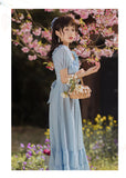 Kukombo Blue Gentle Romantic Fairy Dress Women Ruffled Square Collar Elegant High Waist Beaded Bow Sweet Cute Long Dress Summer 2022 New