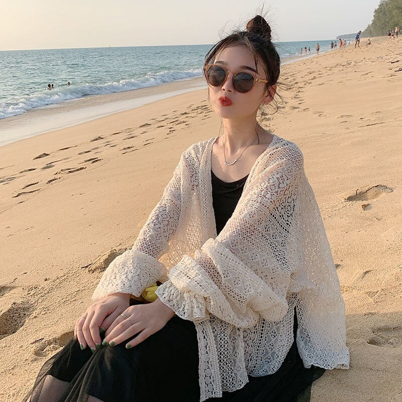 Christmas Gift Cardigan Women Hollow Out Thin Summer Sweet Preppy Style Ulzzang Solid All-match Korean Style Femme Simple Chic Daily Mujer Tops