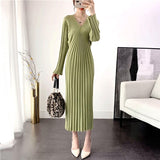 Women Knitted Sweater Maxi Dresses Autumn Winter A-line Casual Long Sleeve Vestido Office Fashion Korean V Neck Midi Robe