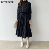 Christmas Gift BGTEEVER Stand Collar Long Sleeve Women Tiered Dresses Summer Spring Lace-up A-line Solid Vestidos Femme Casual Midi Dresses