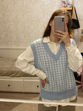 Kukombo Autumn Winter Women Sweater Vest Houndstooth Loose Knitted V-Neck Sleeveless Chic Top Fashion Vintage Sweater Female Waistcoat