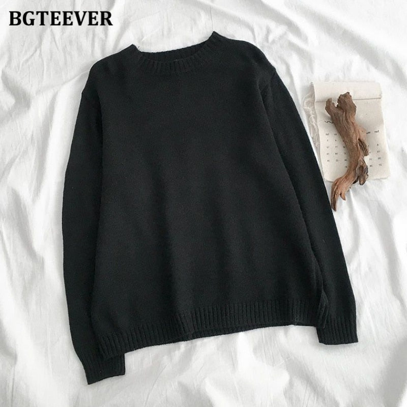 Christmas Gift BGTEEVER New Autumn Winter Basic Knitted Sweater for Women Casual O-neck Loose Solid Female Pullovers Jumpers 2021 Knitting Tops