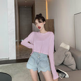 Kukombo Long Sleeve T-Shirts Women Spring Solid Loose Crop Top Sexy New Trendy Leisure Girls T-Shirt Korean Stylish Teens All-Match Chic