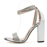 Kukombo Christmas Gift Eilyken Silver Bling Crystal Sexy Women Sandals Square heel Buckle Strap Gladiator Women Sandals Stiletto Wedding Rhine Stone
