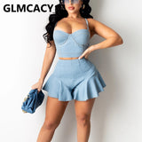 Kukombo Two Piece Denim Dress Suits Spaghetti Strap Crop Top & Mini Skirt Set