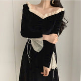 Kukombo Antumn Winter Evening Party Midi Dresses Women Black Korean Fashion Elegant Vintage Dress Ruffle Long Sleeve One-piece Dress New K103